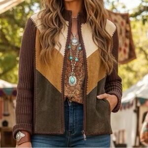 VINTAGE DESIGNERS ORIGINALS 70’s Boho Patchwork Suede Leather Shacket Cardigan L